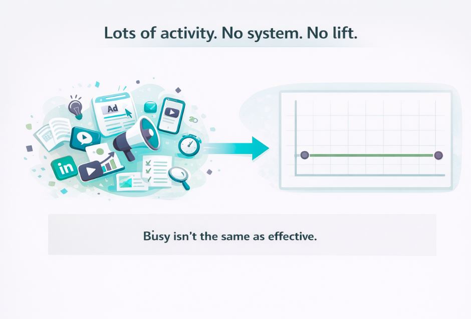 Diagram showing why B2B marketing fails without a structured system and what a real marketing operating system looks like
