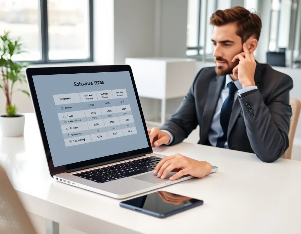 Business professional comparing Apollo vs Clay pricing tiers on laptop