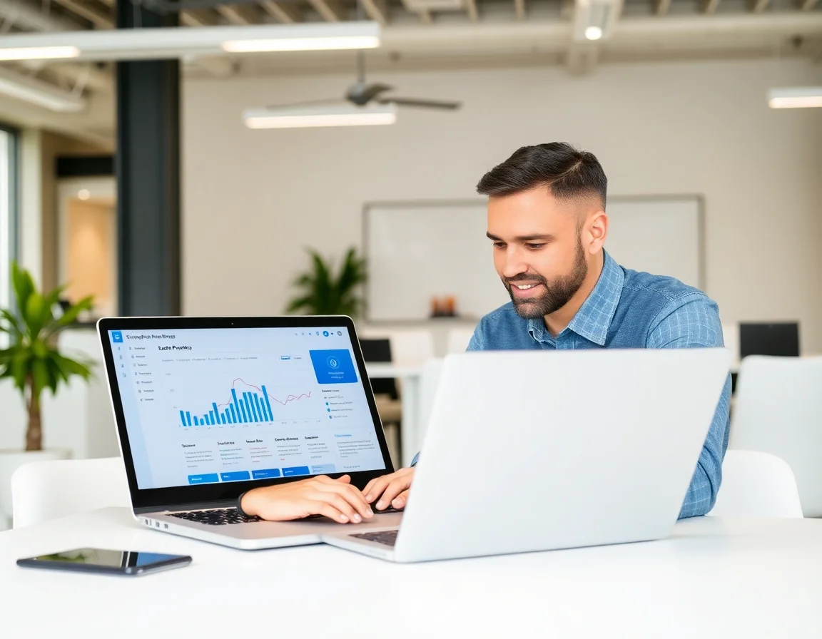 B2B sales rep using Apollo prospecting dashboard on laptop