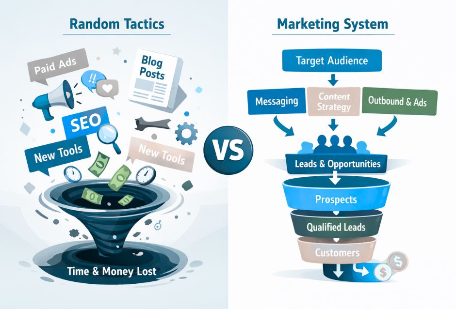 Diagram comparing random disconnected marketing tactics versus a structured B2B marketing system