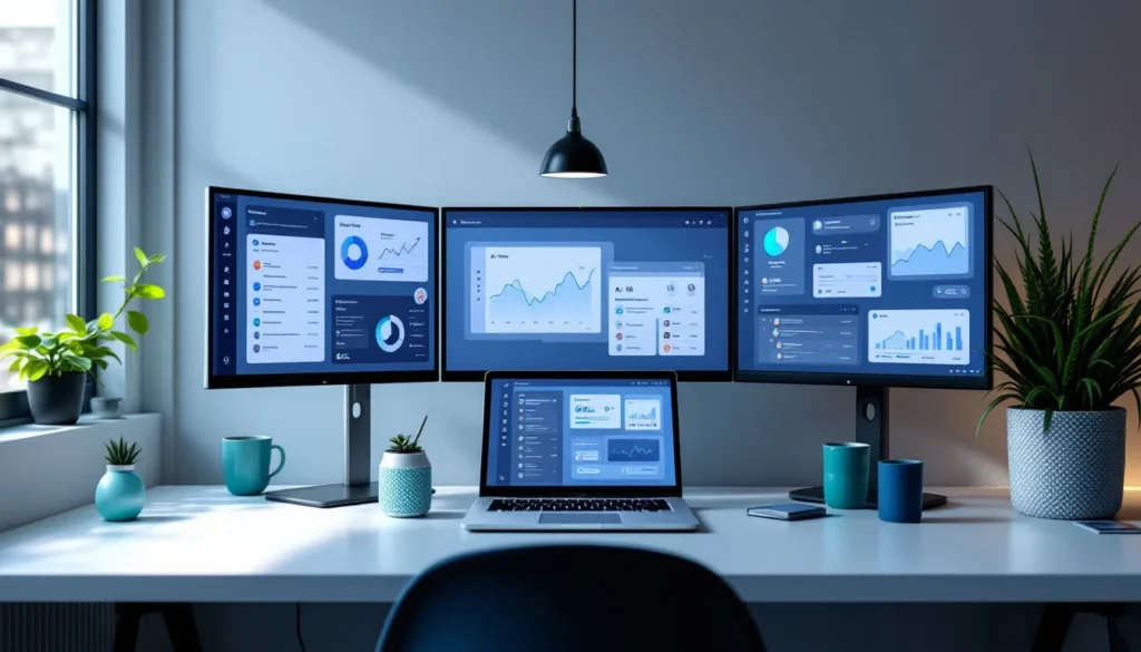 AI marketing workspace with analytics dashboards and chat interfaces