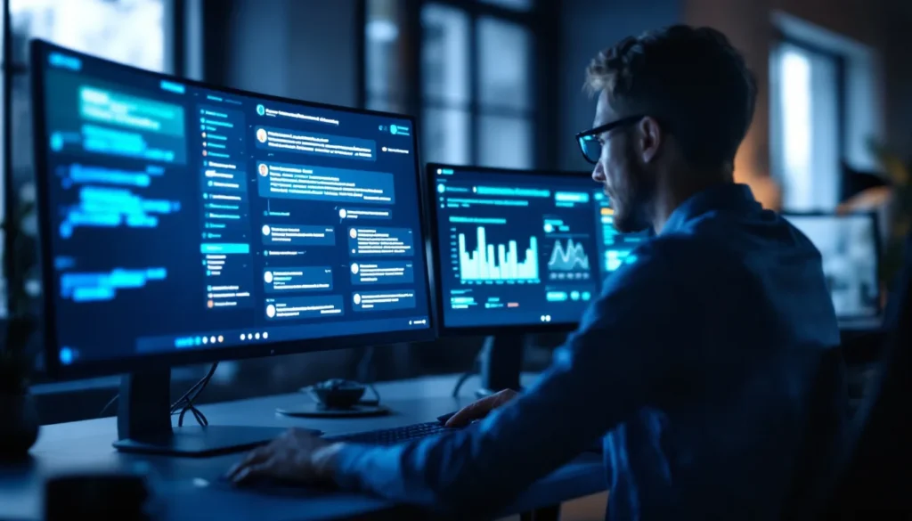 B2B sales professional managing LinkedIn automation sequences on a widescreen monitor — HeyReach vs Skylead vs Dux-Soup comparison 2026