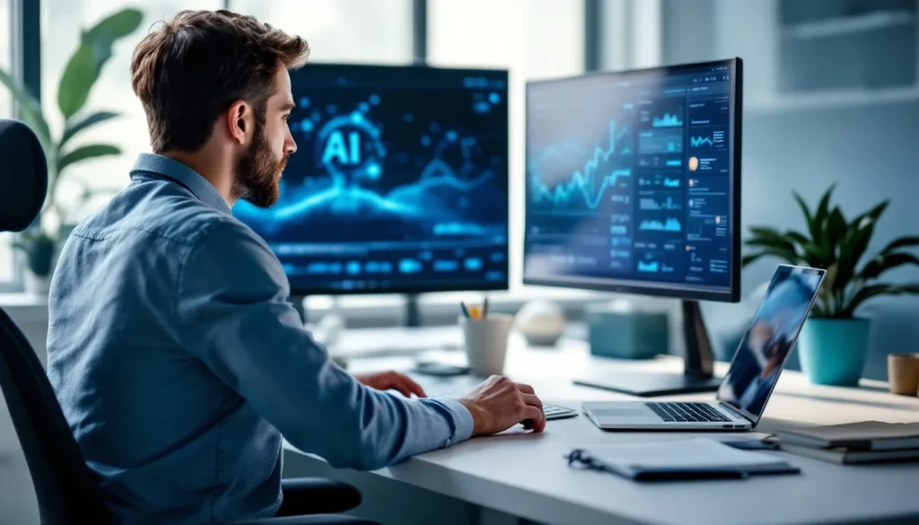 Synthesia review 2026 showing B2B marketer reviewing AI avatar video platform on modern desk setup