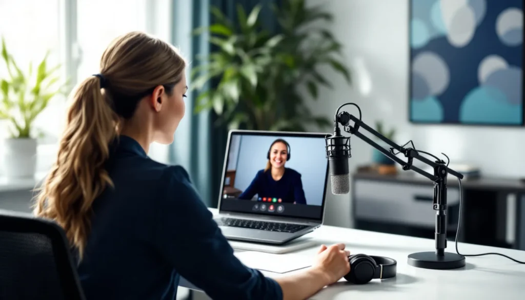 B2B podcast host interviewing a guest on a video call in a clean home office setup with microphone and headphones