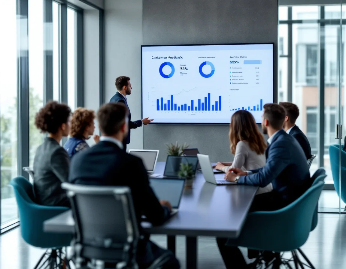 B2B team analyzing customer review data and feedback metrics in strategy meeting