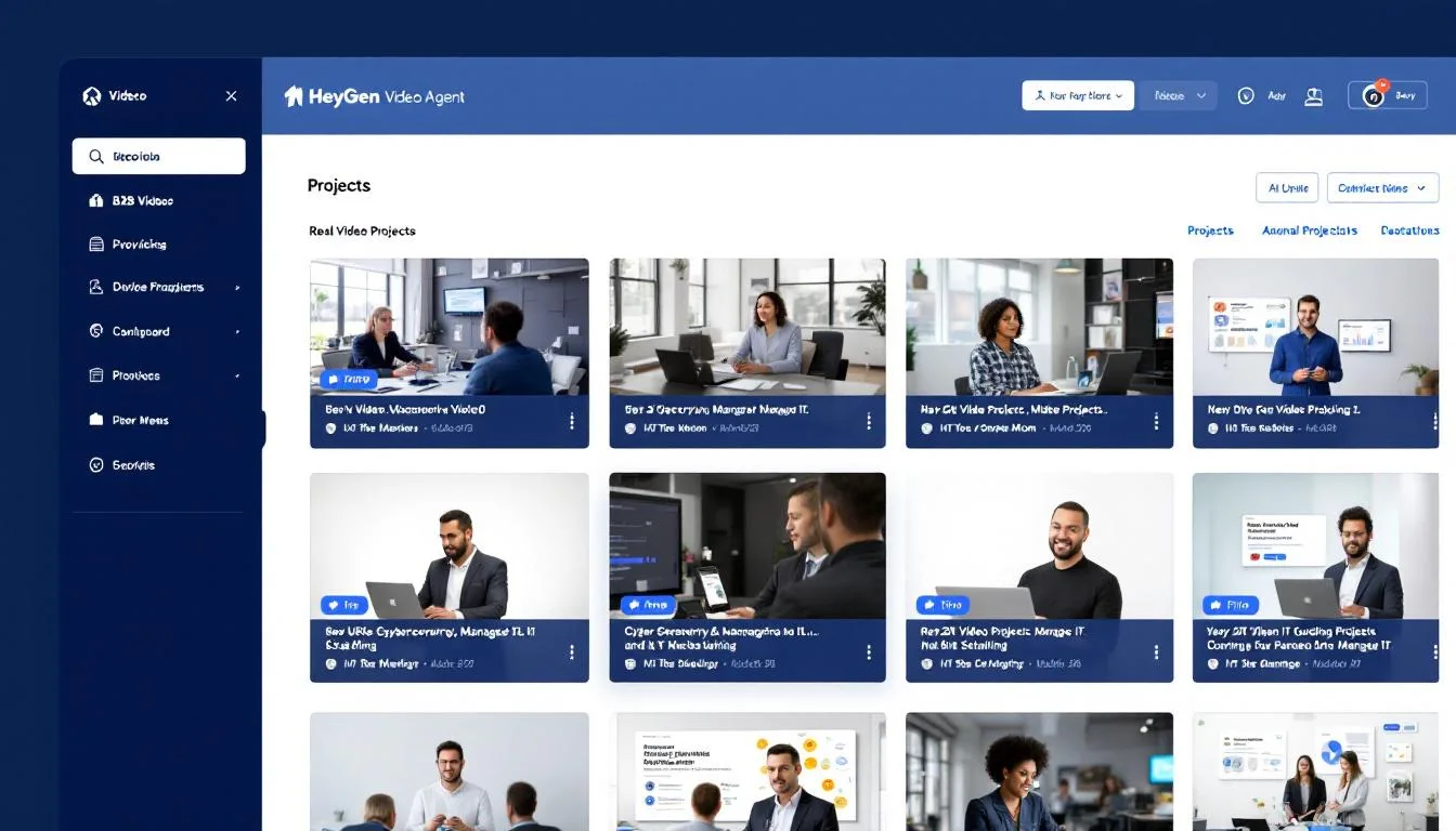 Holly Mack HeyGen Video Agent dashboard showing real B2B video projects for cybersecurity, managed IT, and IT staffing clients