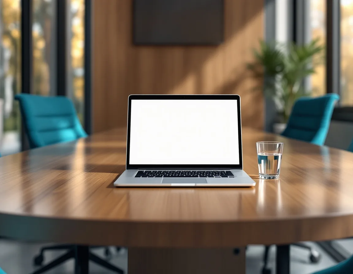 Empty modern conference room with a single laptop representing fractional CMO leadership setting marketing direction