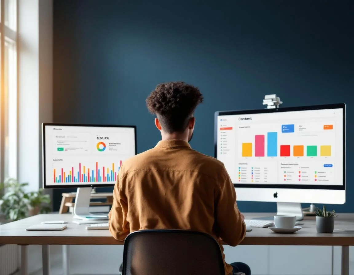 Marketing operator managing campaigns and analytics on dual monitor desk setup