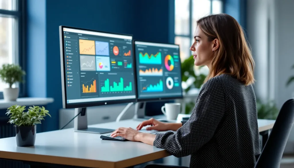 Fractional CMO managing multiple company dashboards with AI tools on a modern desk setup