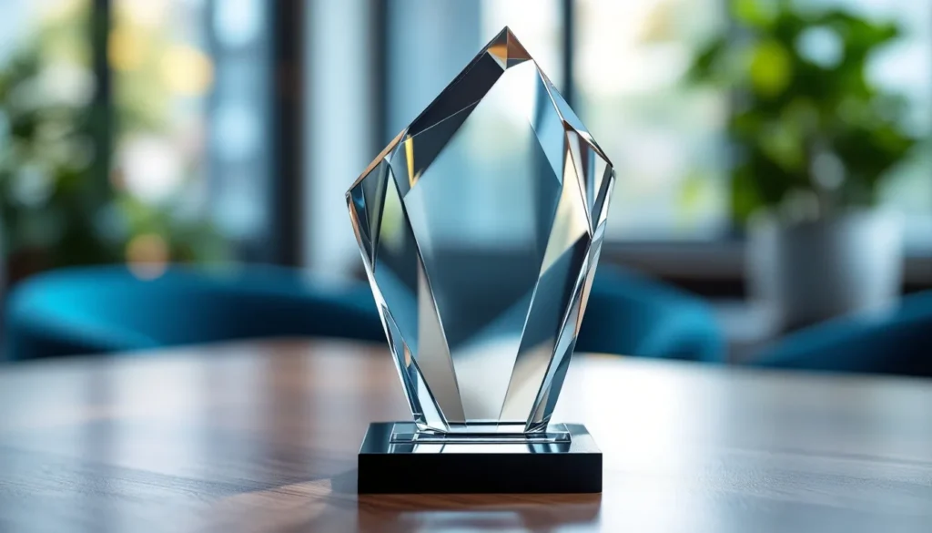B2B business awards crystal trophy on executive desk in modern office