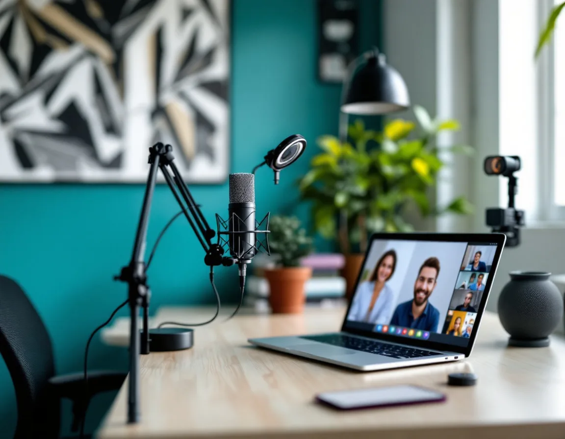 Professional YouTube recording setup with microphone and webcam for B2B content