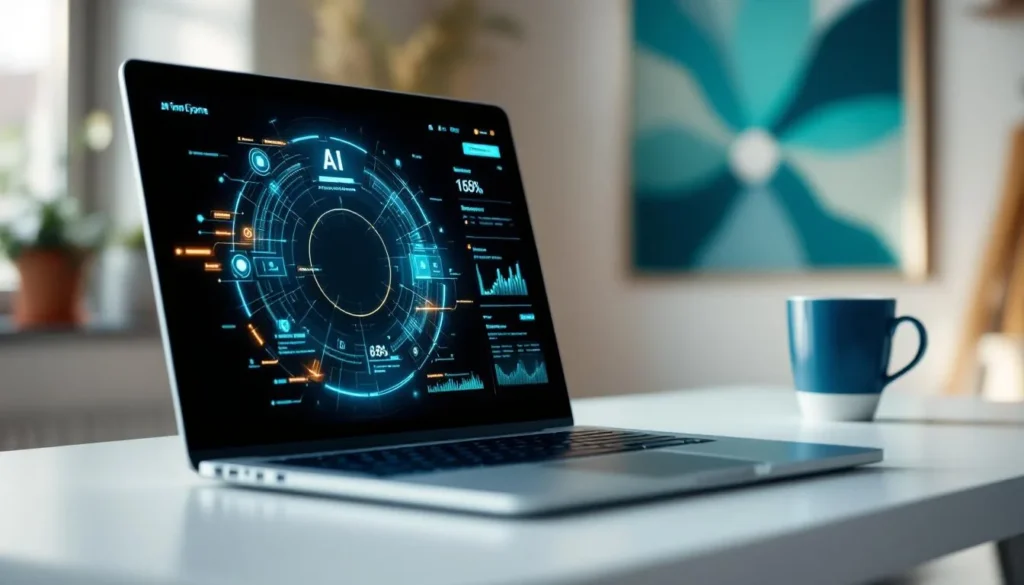 Marketing professional working at a clean desk with laptop showing AI interface, navy and teal color accents, modern office environment