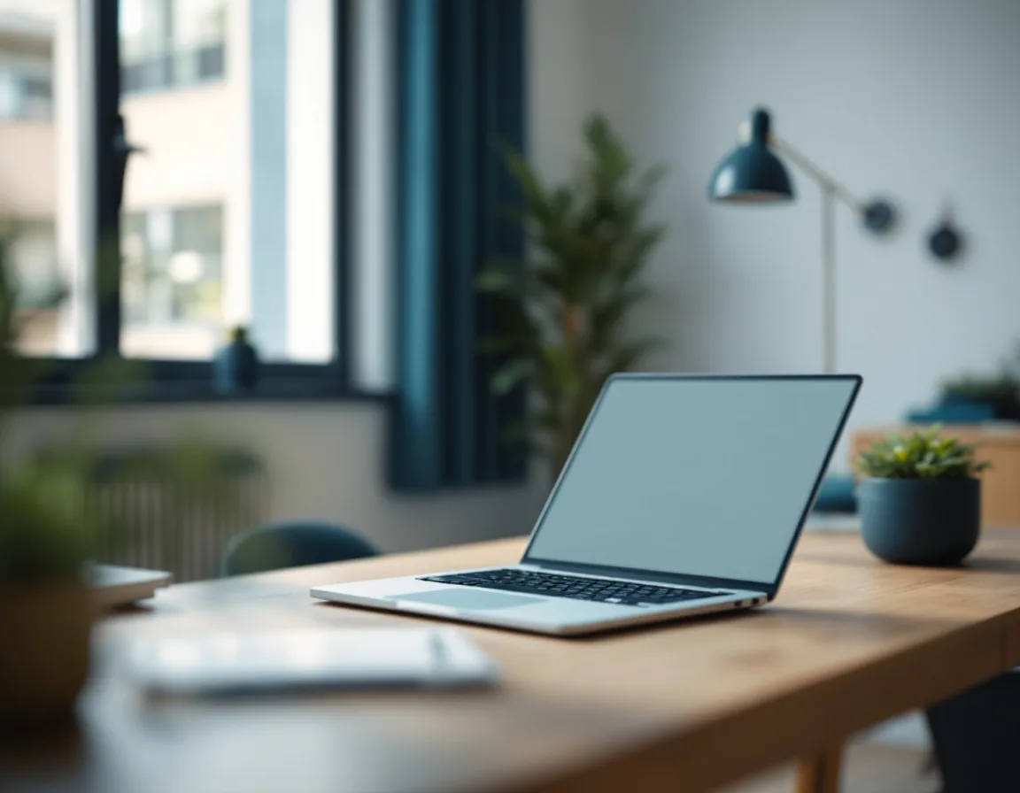 Single laptop on a clean modern desk representing one operator running an AI marketing stack