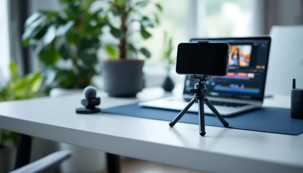 Simple founder video setup with iPhone on tripod and wireless microphone on desk