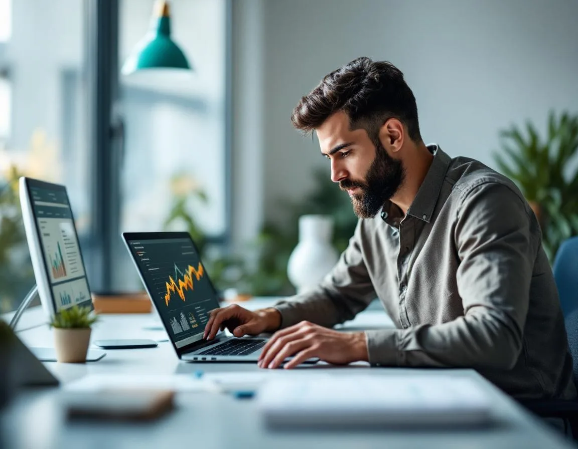Professional reviewing B2B outbound automation workflows and email sequences on laptop