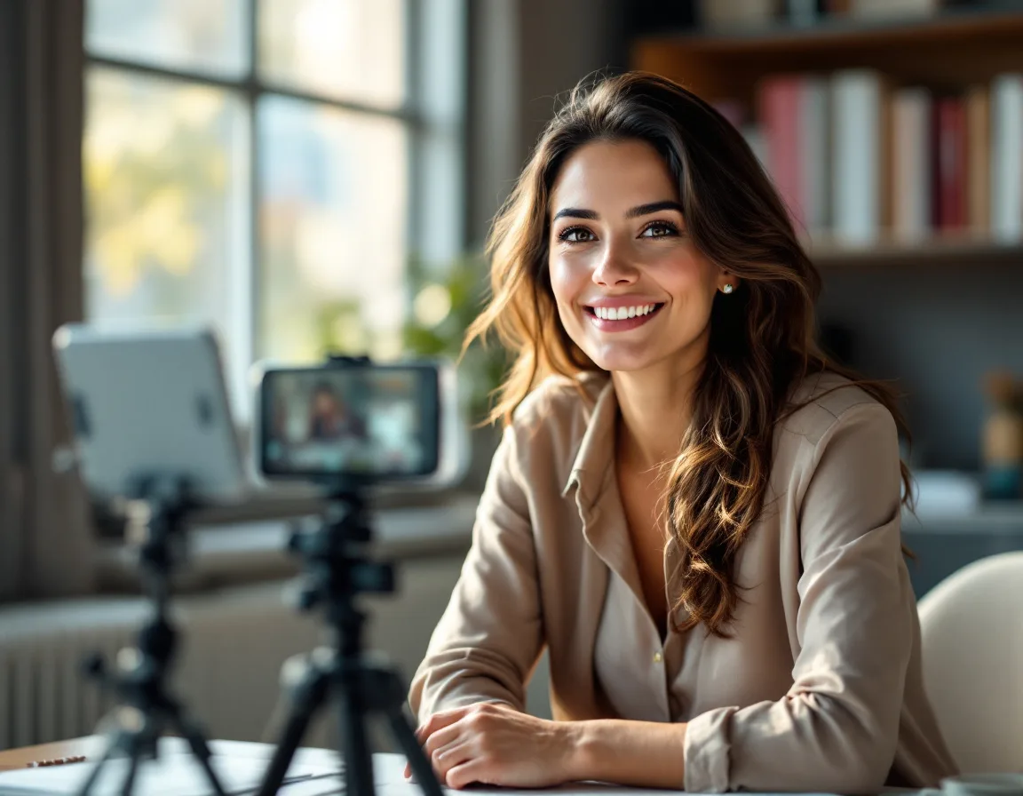 Founder recording video at desk with natural window lighting and phone tripod at eye level