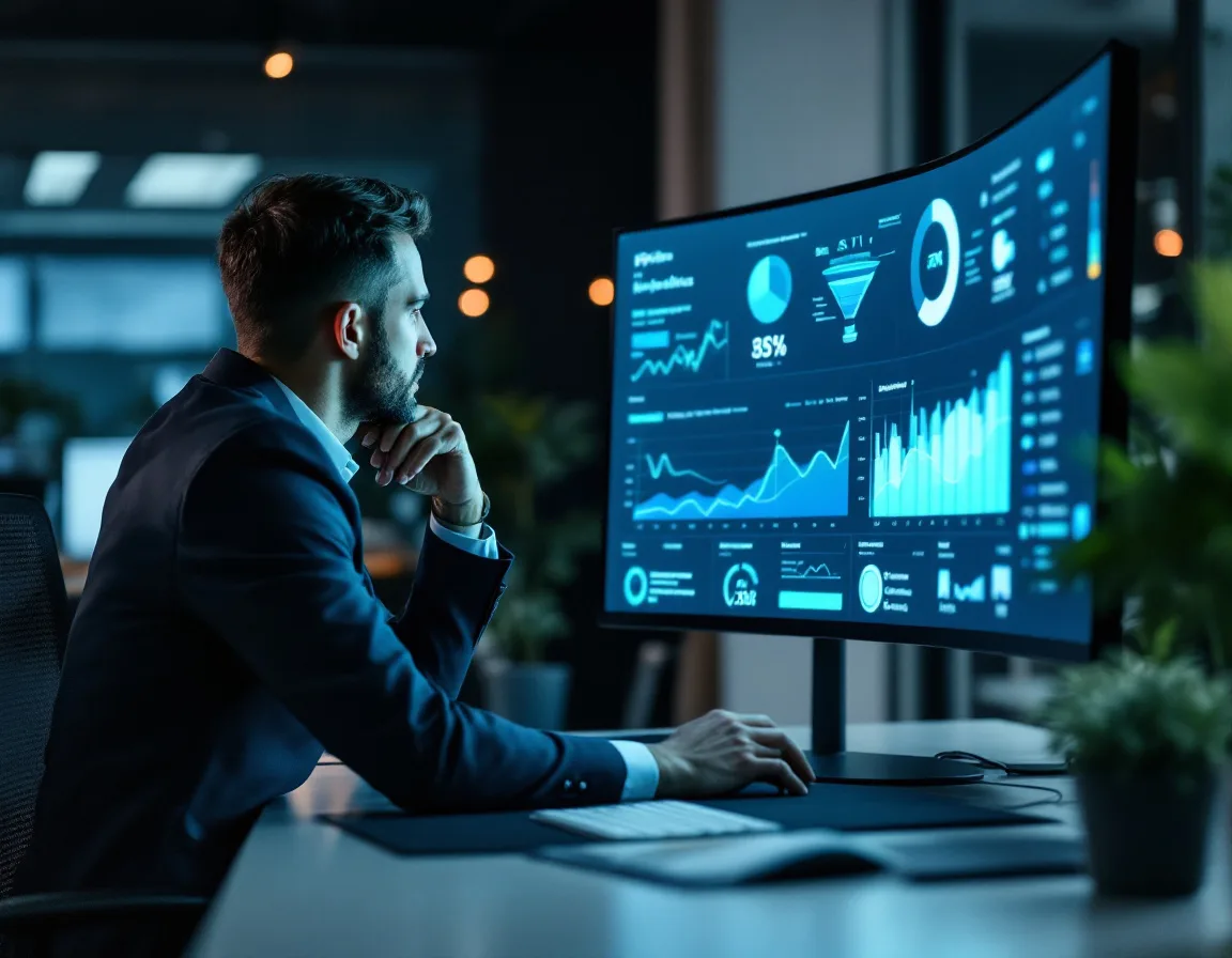 Professional reviewing B2B demand generation pipeline analytics and performance metrics on a widescreen monitor
