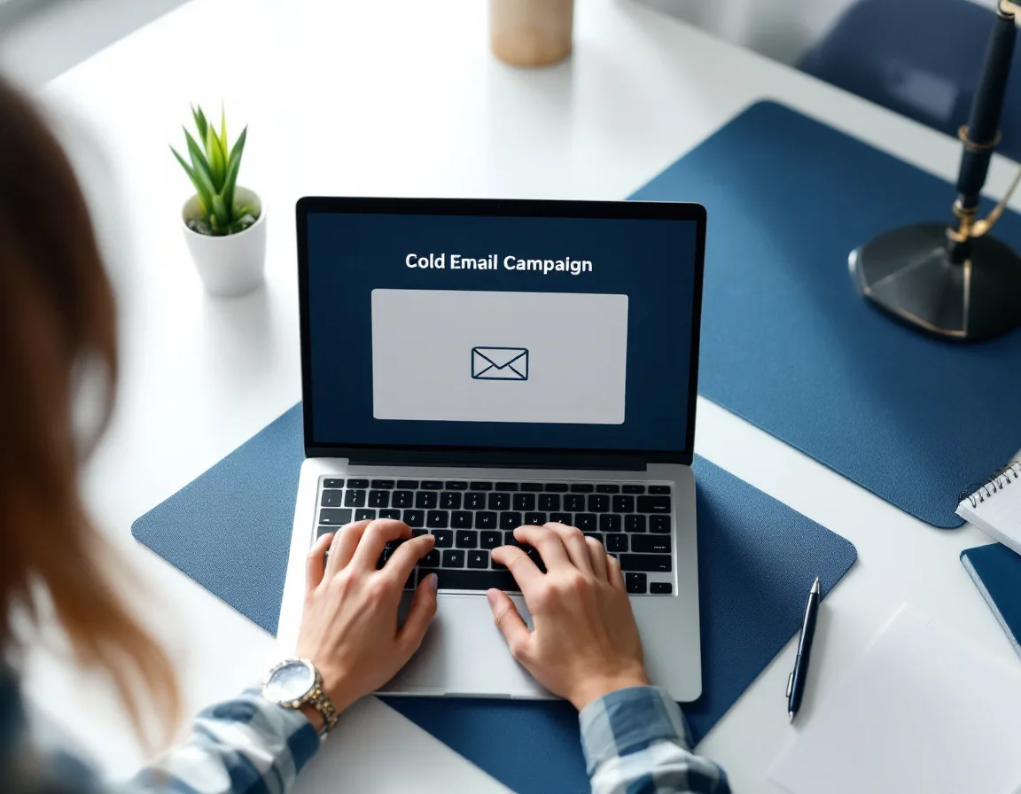 Cold email campaign interface on a laptop in a professional workspace
