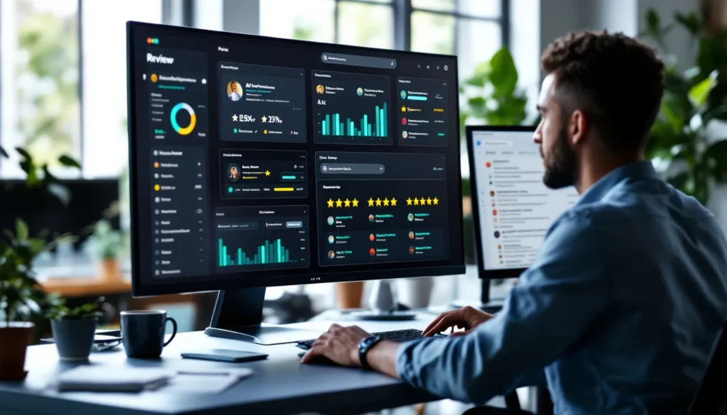 B2B professional reviewing G2, Clutch, and TrustRadius review platform dashboards alongside AI search citations on a widescreen monitor
