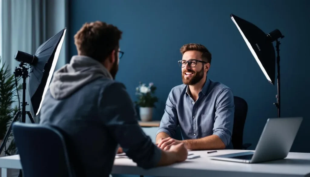 B2B founder recording video at a professional desk setup with camera, softbox light, and laptop for Riverside review 2026