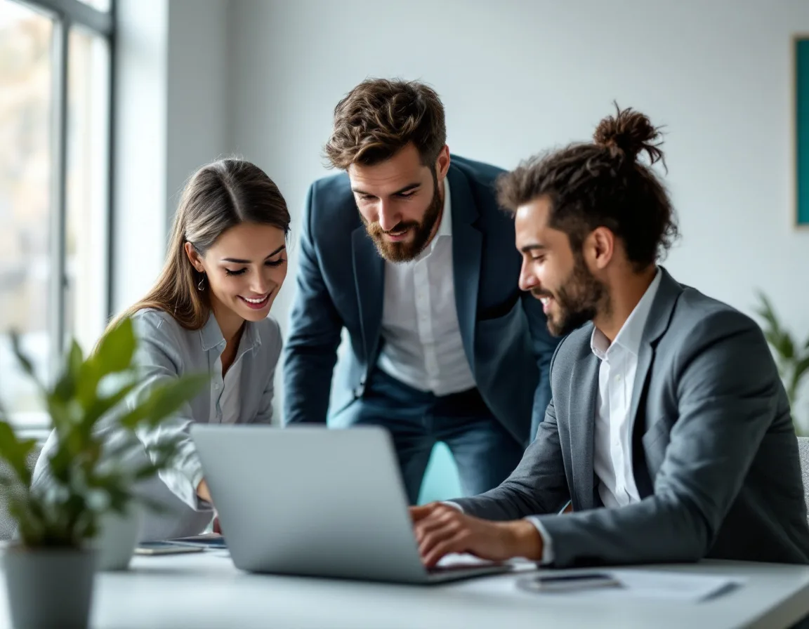 Small B2B team evaluating CRM software options together in conference room