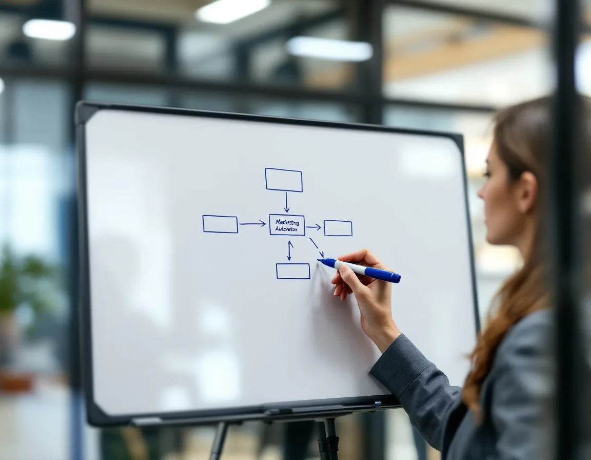 Marketing professional mapping AI automation workflow on whiteboard