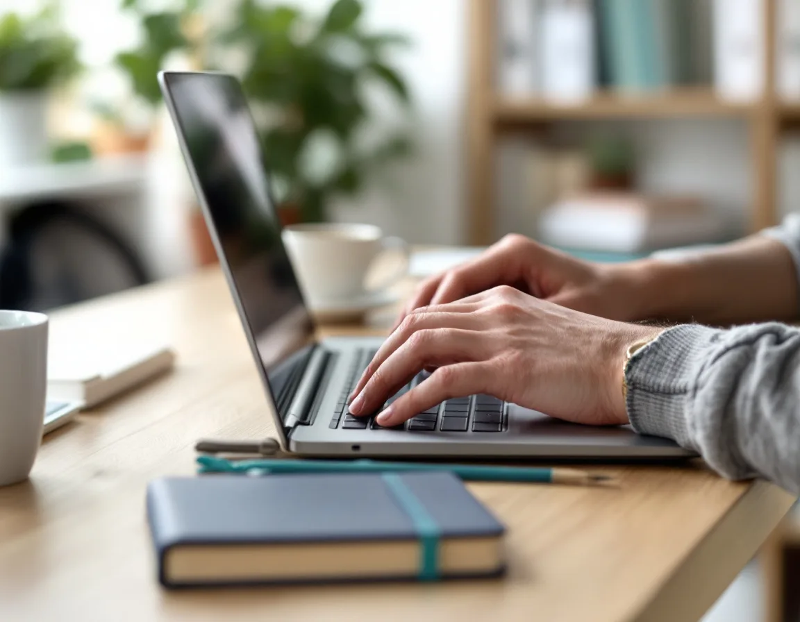 B2B founder writing a newsletter on a laptop in a sunlit modern workspace, illustrating the Beehiiv user profile