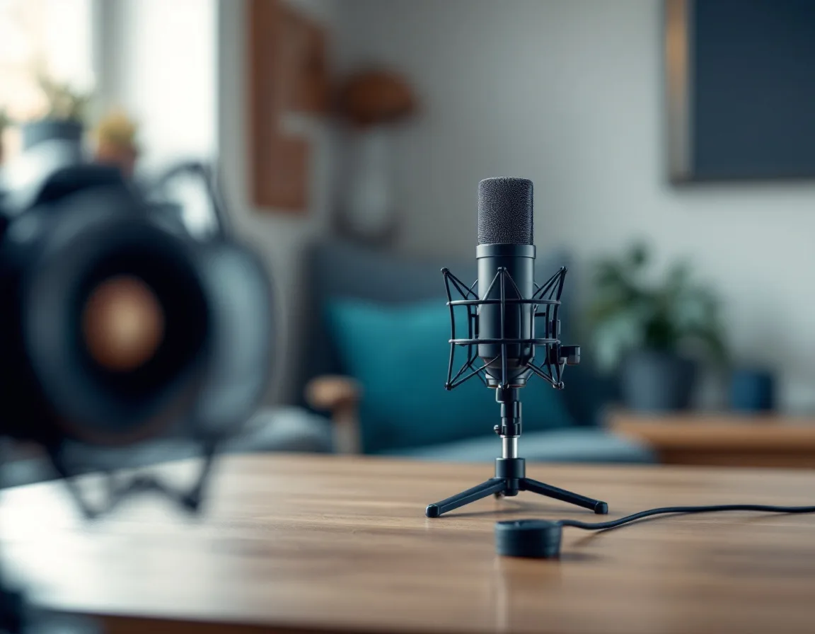 Modern podcast and video recording setup with microphone and camera representing B2B video channel