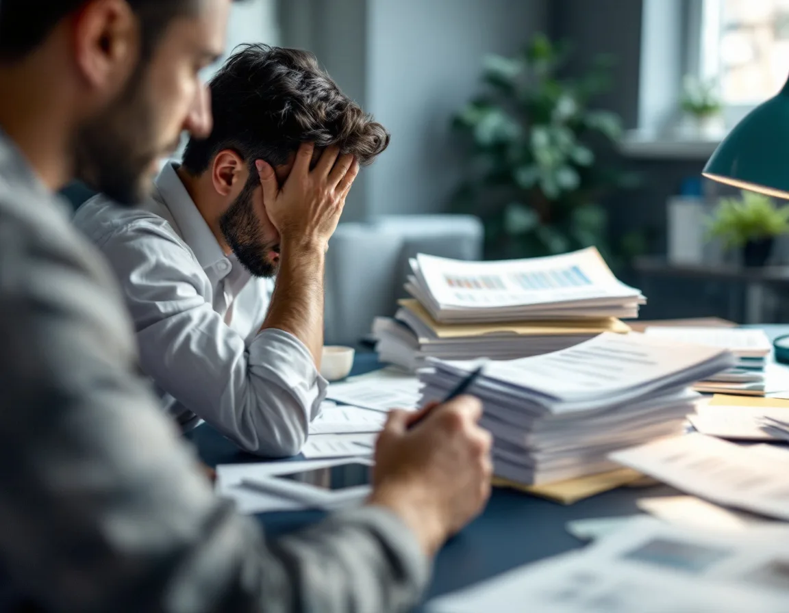 B2B business owner reviewing disorganized agency reports representing common mistakes when hiring a marketing agency before having a strategy