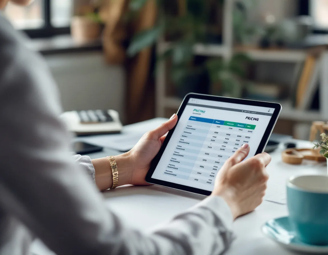 Business professional reviewing Instantly AI pricing tiers on a tablet