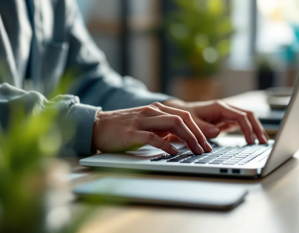 Hands working on a laptop keyboard representing the operator running a wired AI marketing stack