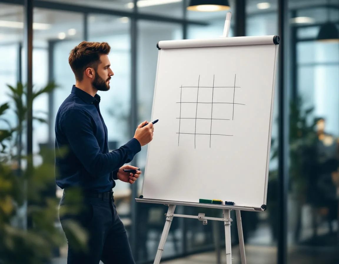 Business leader reviewing marketing decision framework on office whiteboard