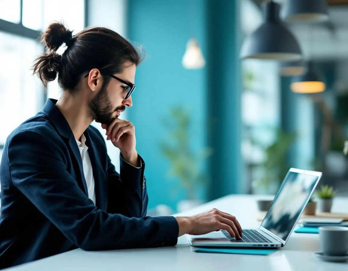Business professional reviewing rb2b pricing plan options on a laptop at a clean modern desk