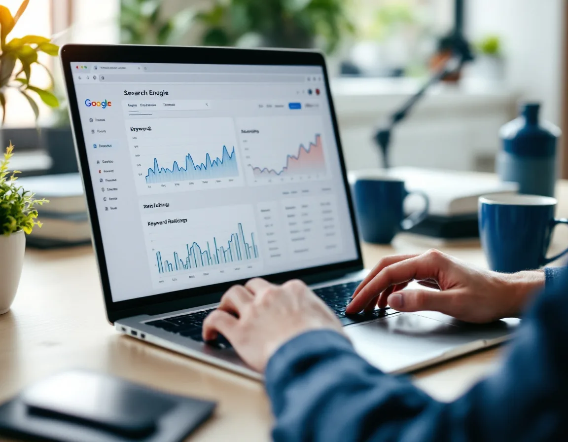 SEO analytics dashboard showing keyword rankings and AI visibility trends