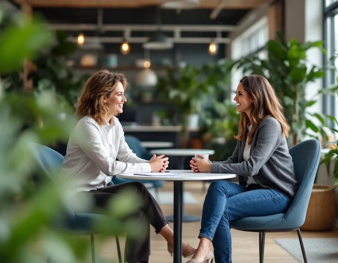 Two professionals connecting in a natural business conversation representing warm B2B outreach