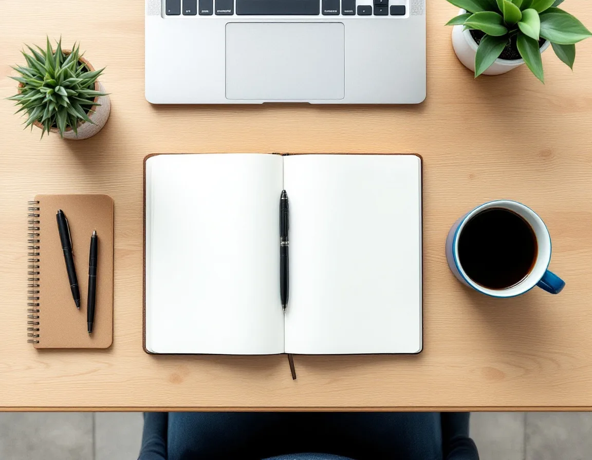 Modern desk with notebook, pen, and laptop representing strategic marketing planning for an AI marketing team