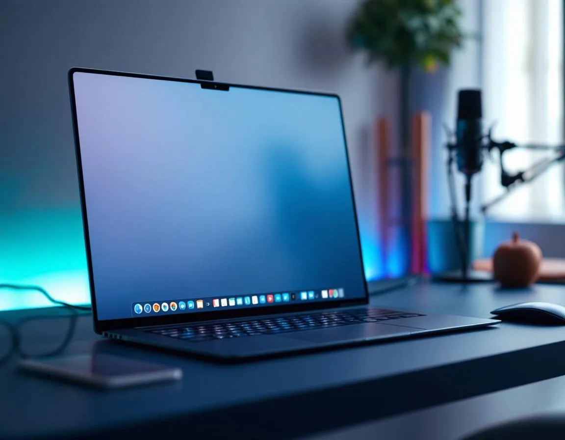 Video recording and editing platform interface on laptop in a modern home studio setup