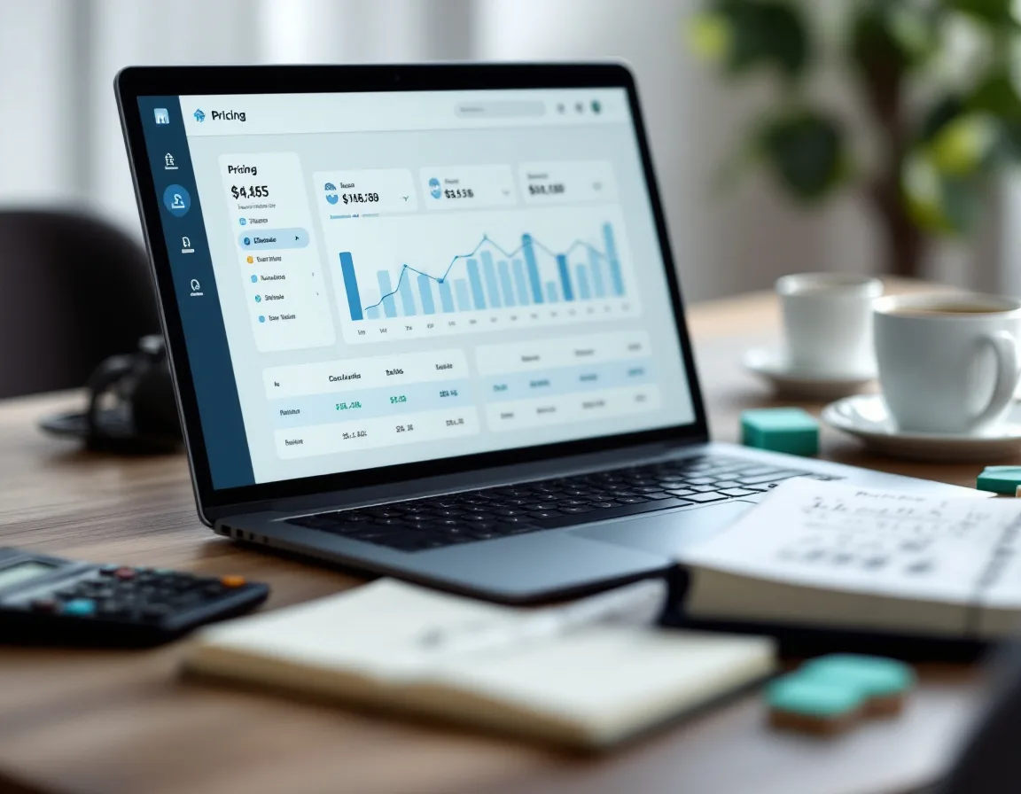 Desk setup with laptop showing SaaS pricing dashboard and calculator illustrating HeyGen credit system pricing math