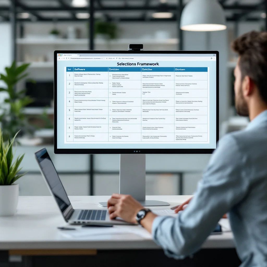 Sales professional reviewing a B2B prospecting tool decision framework on a monitor