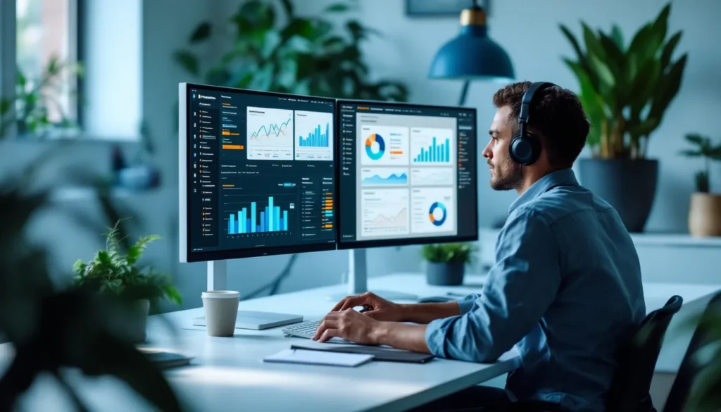 B2B marketing professional using AI tools at a modern workspace with dual monitors