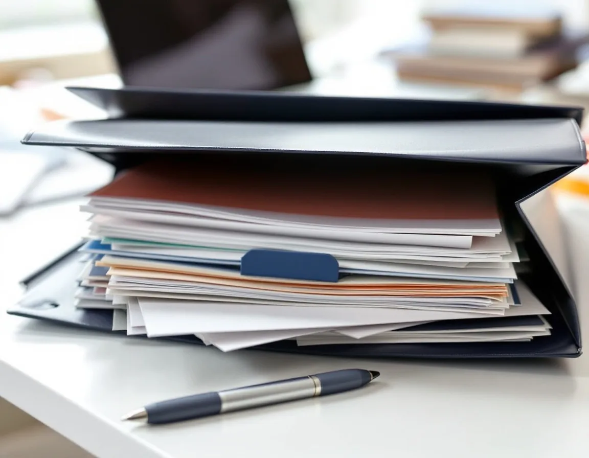 Organized proof file folder for B2B award submissions on professional desk