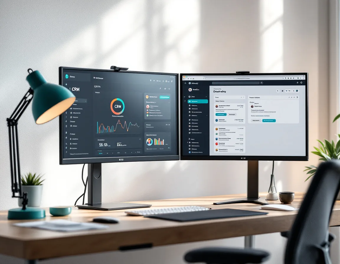 CRM and marketing automation dashboards on dual monitors in modern office