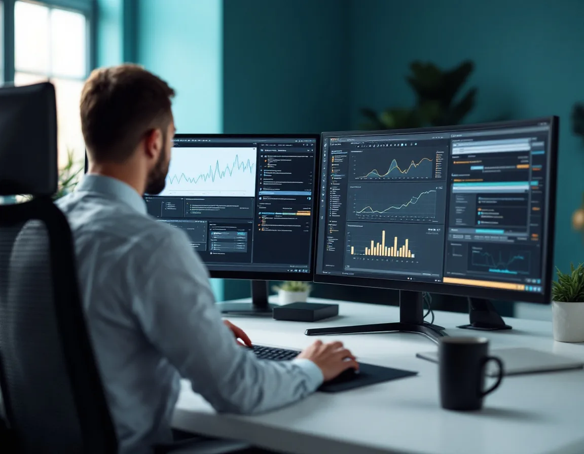 Professional comparing cold email tools side by side on dual monitors
