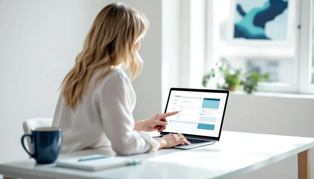 Lean B2B marketing team — woman in white blouse pointing at organizational chart on laptop, navy mug and teal notebook on desk