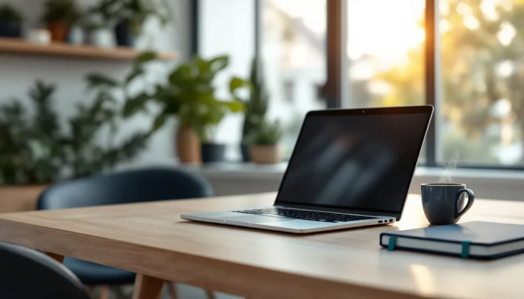 Modern home office workspace with laptop, notebook, and coffee, representing a B2B newsletter operator's setup for reviewing Beehiiv