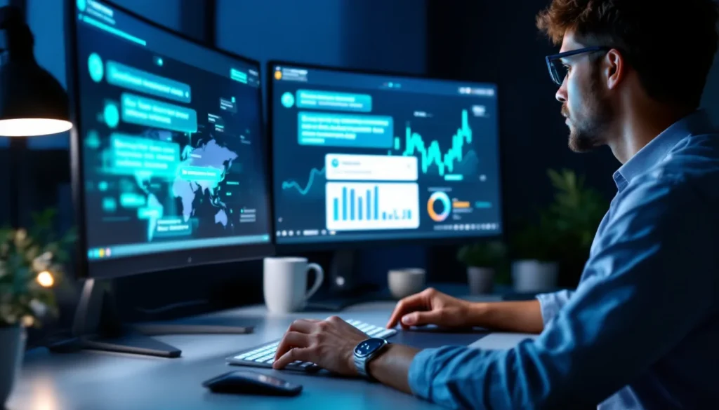 B2B marketing professional reviewing AI-generated vendor citations and AEO performance on dual monitors showing answer engine optimization results