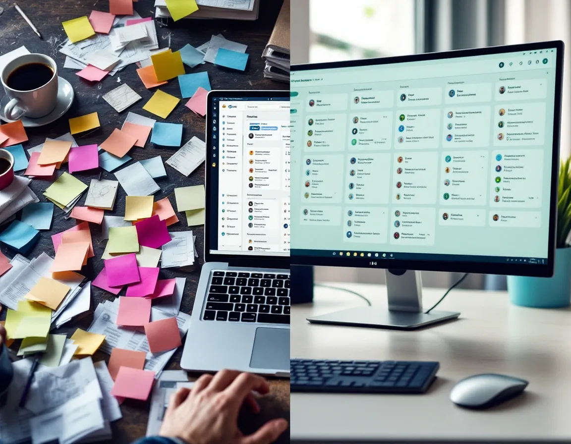 Before and after comparison of disorganized marketing tasks versus organized ClickUp workspace