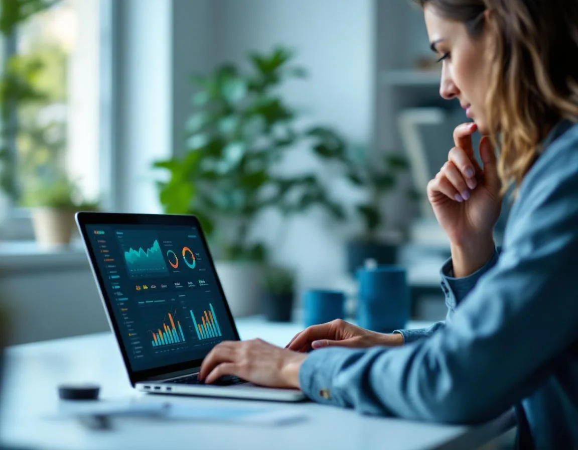 Marketing professional reviewing data dashboard on laptop screen, calm focused workspace