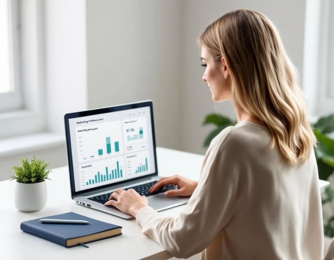Lean marketing operator working efficiently at a clean desk with AI-powered marketing dashboards on laptop