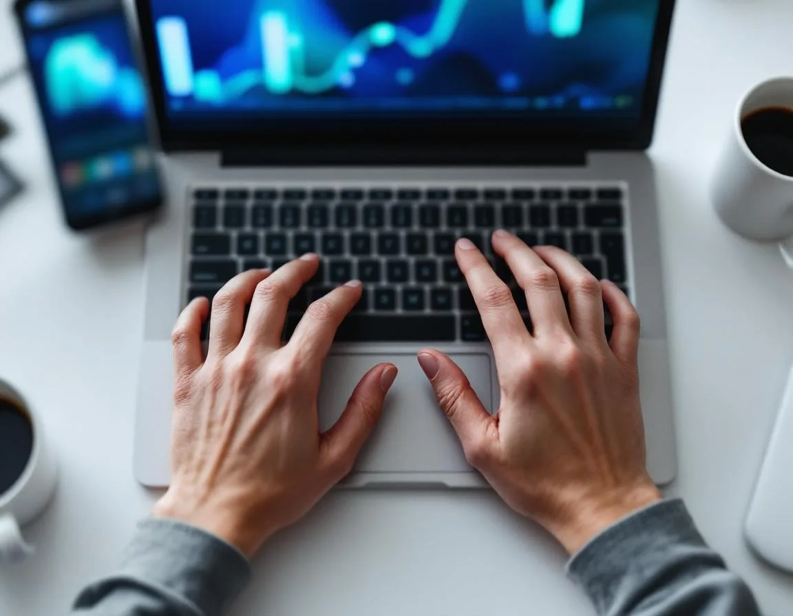 Marketing professional using AI-powered tools and analytics on laptop